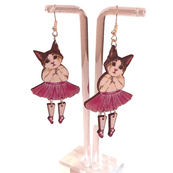Whimsical Wooden Cat Dangle Earrings With Ballet Dancer Design & Red Tutu Skirt‎ - Picture 5 of 5